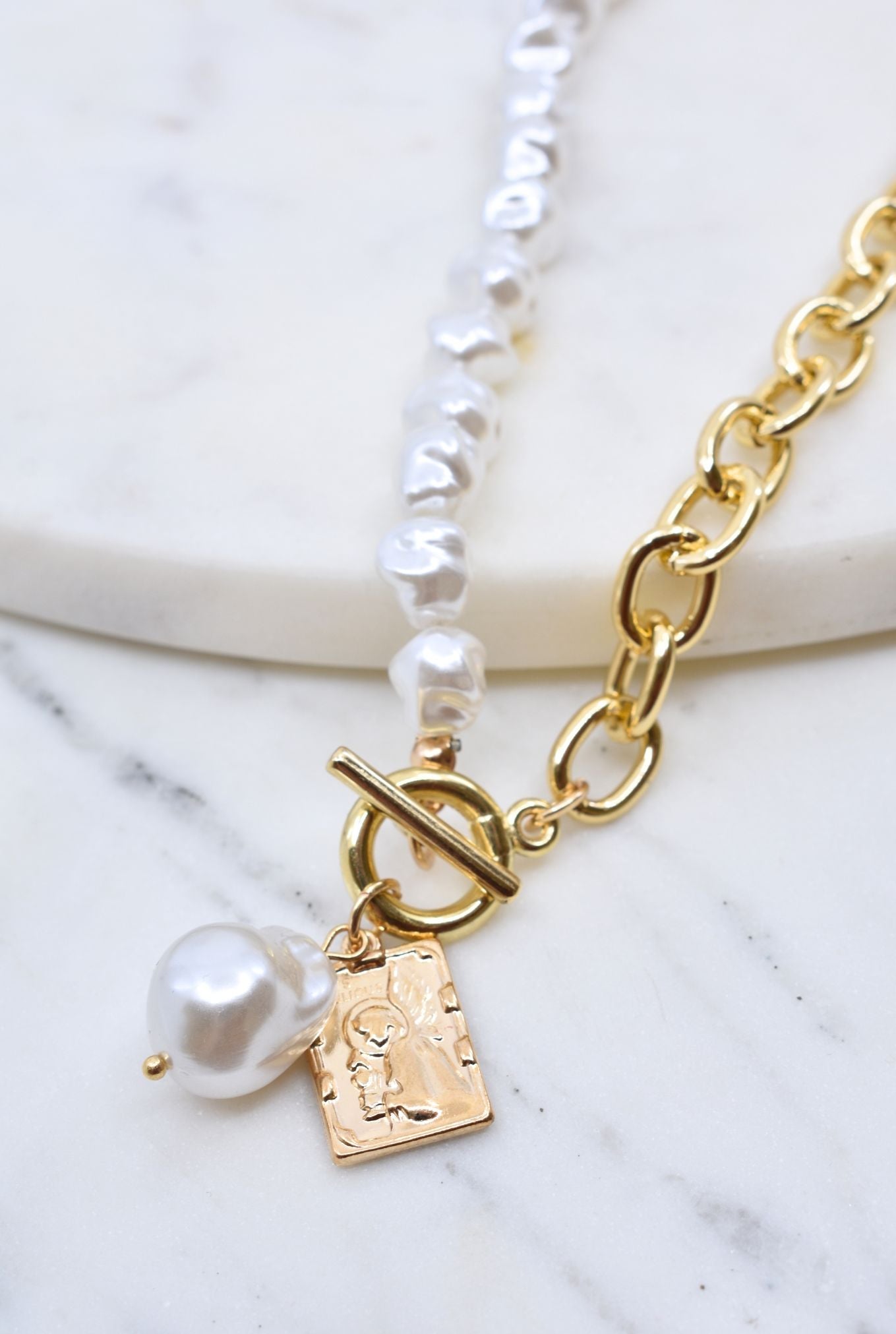 Gold Pearl and Chain Lariat Necklace with Coin Accent