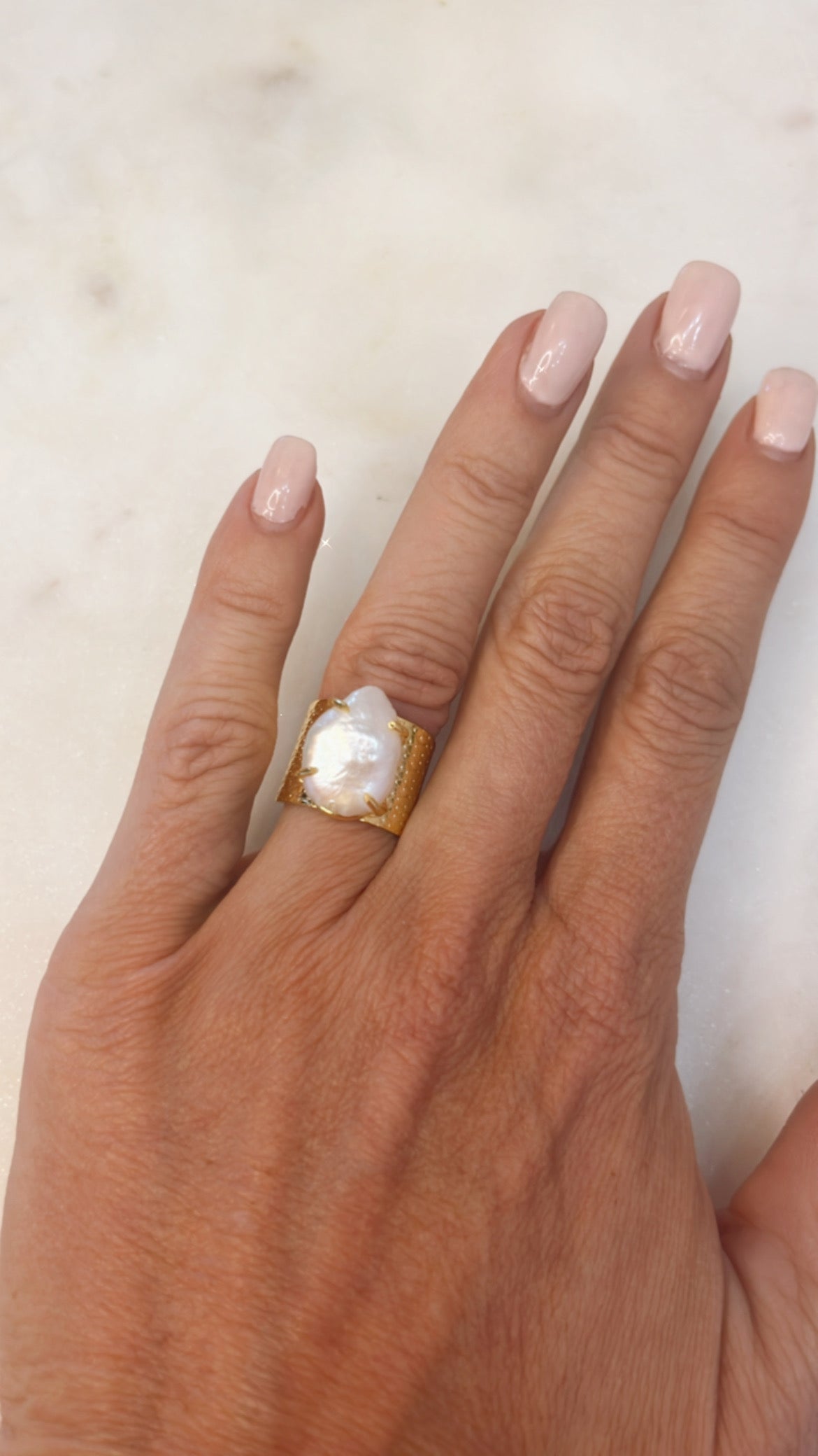 Large Pearl with Wide Textured Band Ring