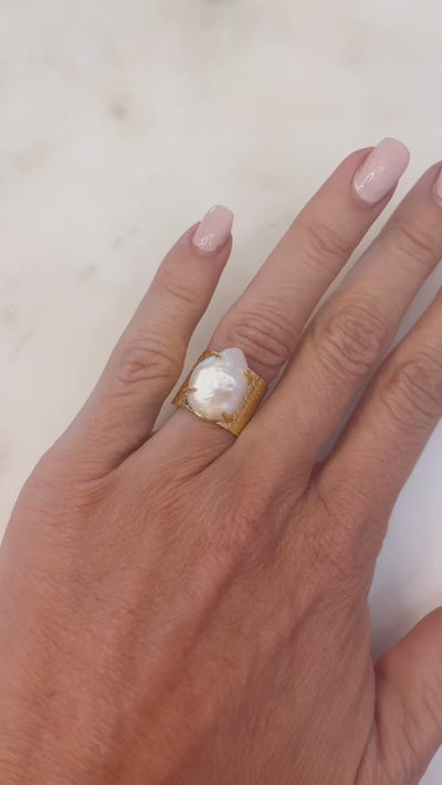 Large Pearl with Wide Textured Band Ring