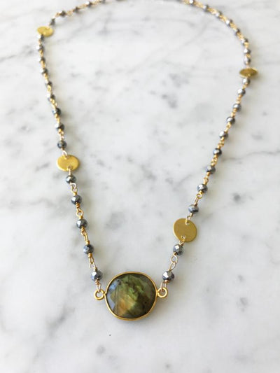 Mrs. Parker Endless Summer Labradorite Necklace with Polished Pyrite Chain in Gold