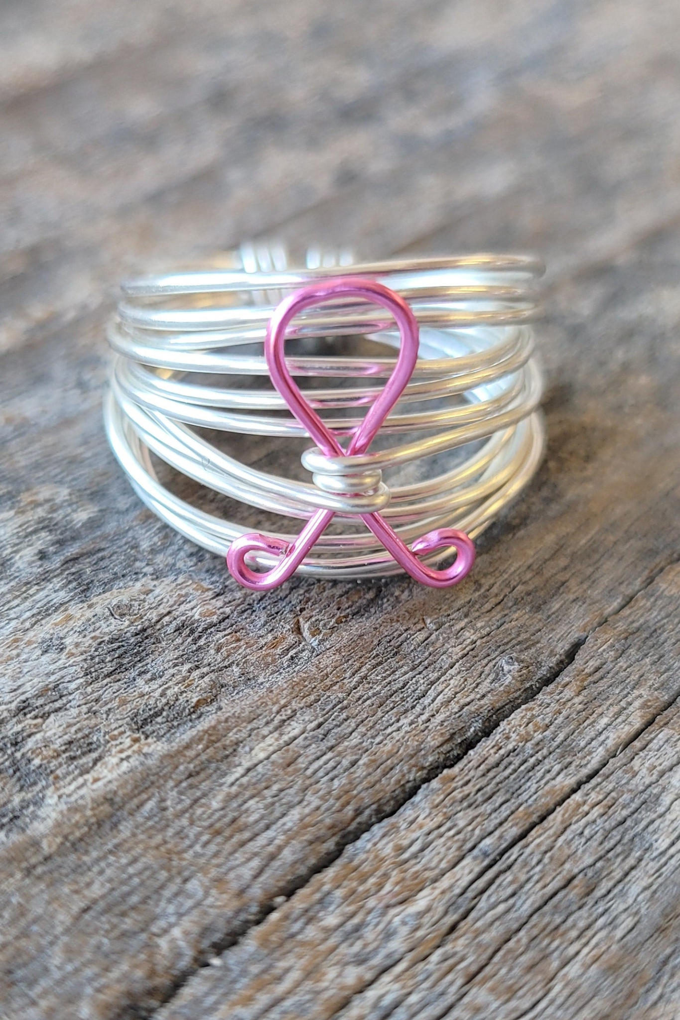 Marcia Silver Wire Wrap Ring with Breast Cancer Ribbon