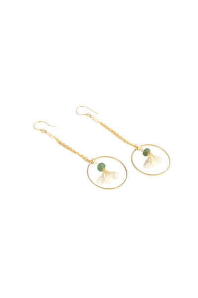 Pearl Accented Gold Chain Dangle Earrings with Green Strawberry Quartz and Moonstone Hoop Drop