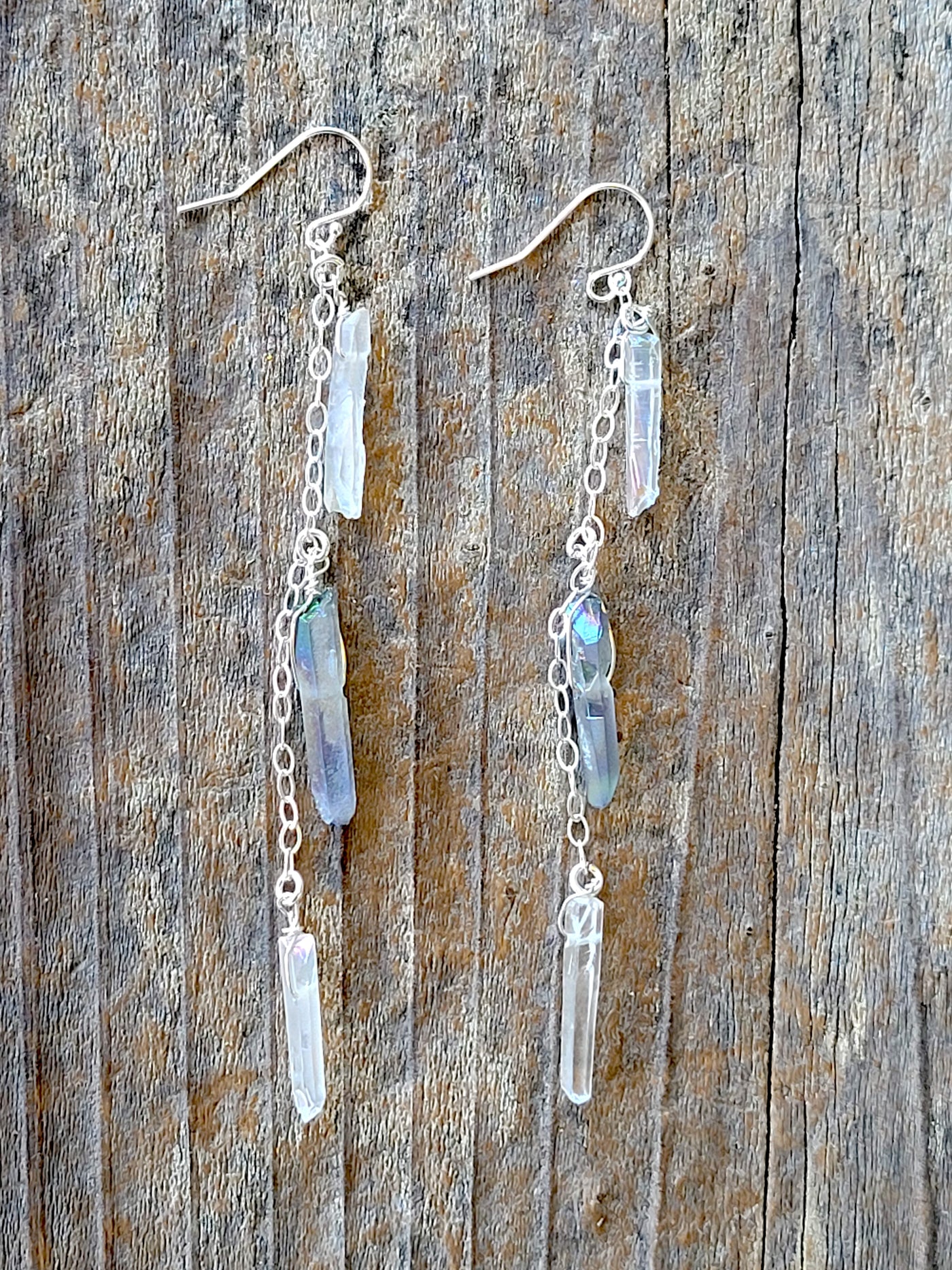 Delicate Silver Chain Earring with Three Raw Quartz Crystals in Mystic Grey and Rainbow Quartz