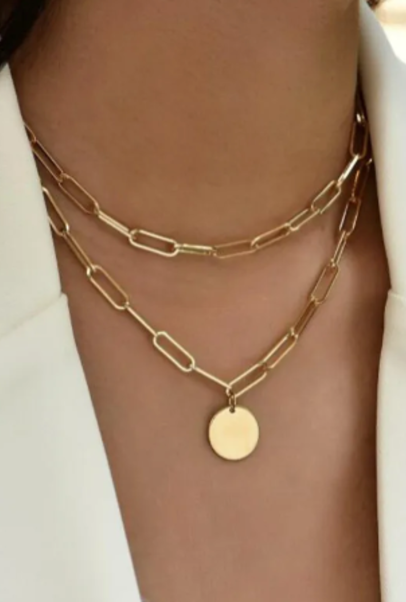 Gold Double Paperclip Chain Necklace with round accent