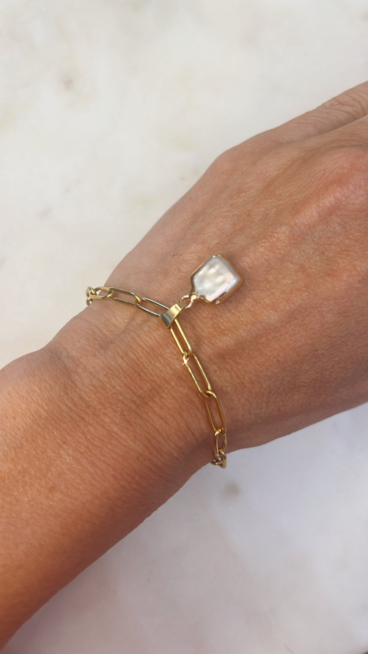 Gold Paperclip Chain Bracelet with Square Pearl
