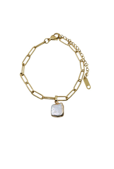 Gold Paperclip Chain Bracelet with Square Pearl