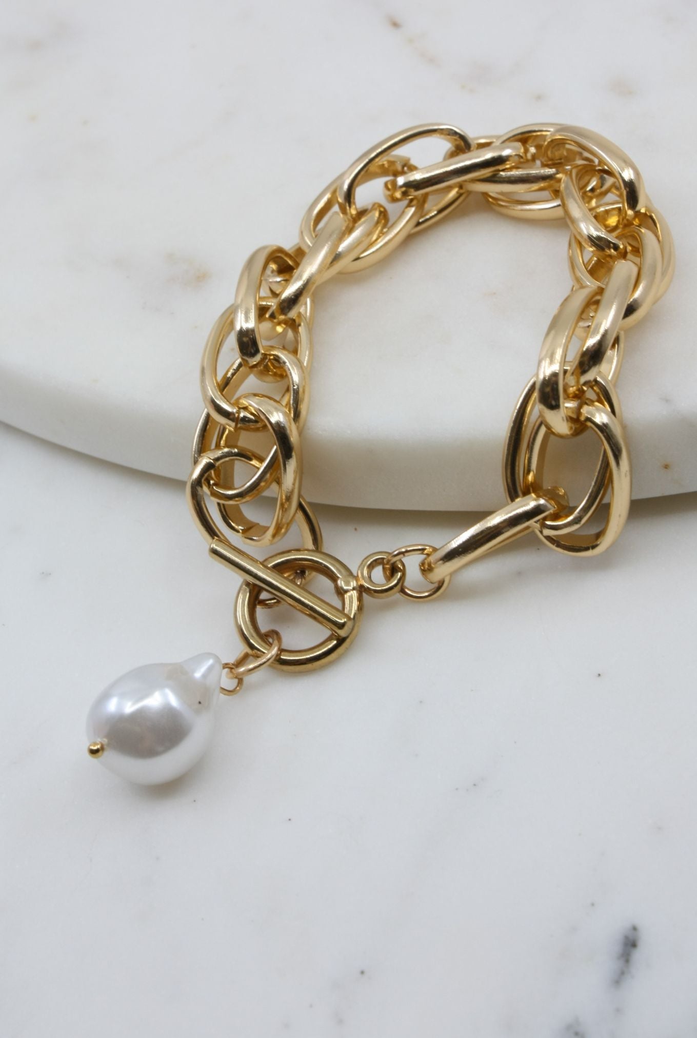 Gold Lariat Bracelet with Pearl Pendant