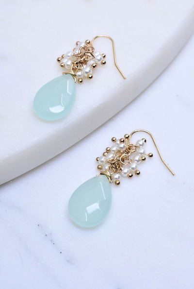 Chalcedony Earrings with Pearl Cluster