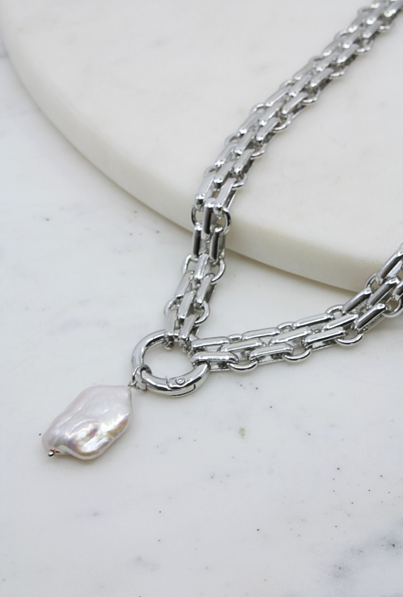 Cuban Choker with Pearl Pendant Necklace - Silver