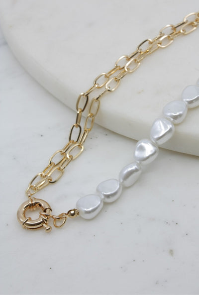 Pearl and Double Paperclip Chain Necklace