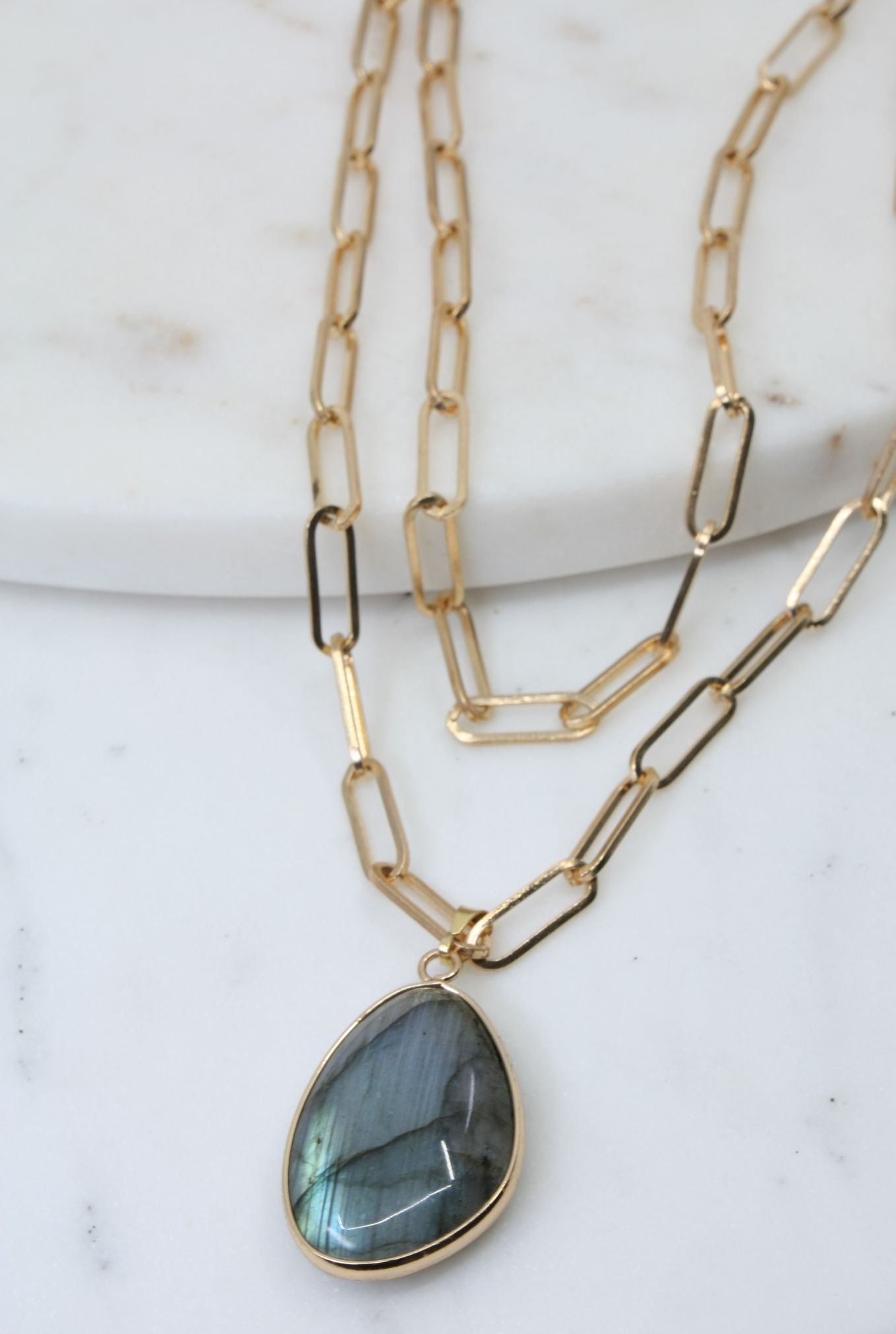 Gold Paperclip Chain with Labradorite
