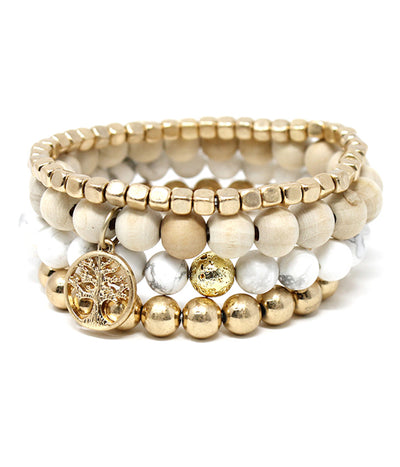 Tree of Life Charm and Soap Stone Stretch Bracelet With Gold Set of 4