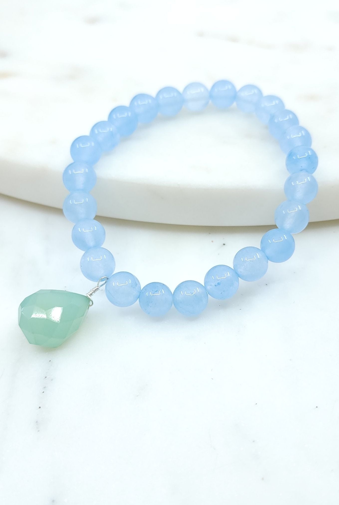 Blue Agate Bracelet with Green Chalcedony Stone in Silver