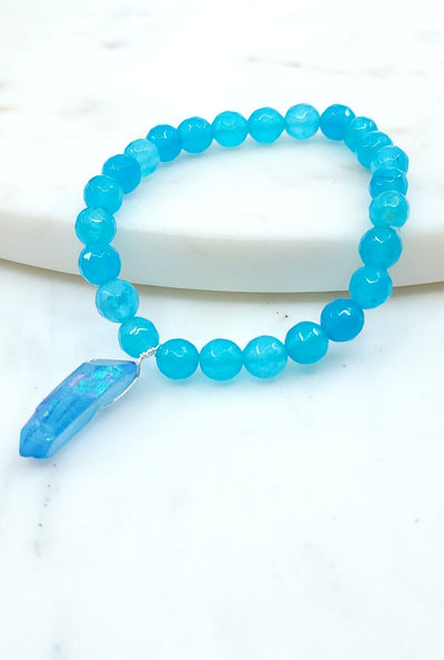 Faceted Blue Agate Bracelet with Blue Titanium Quartz Crystal
