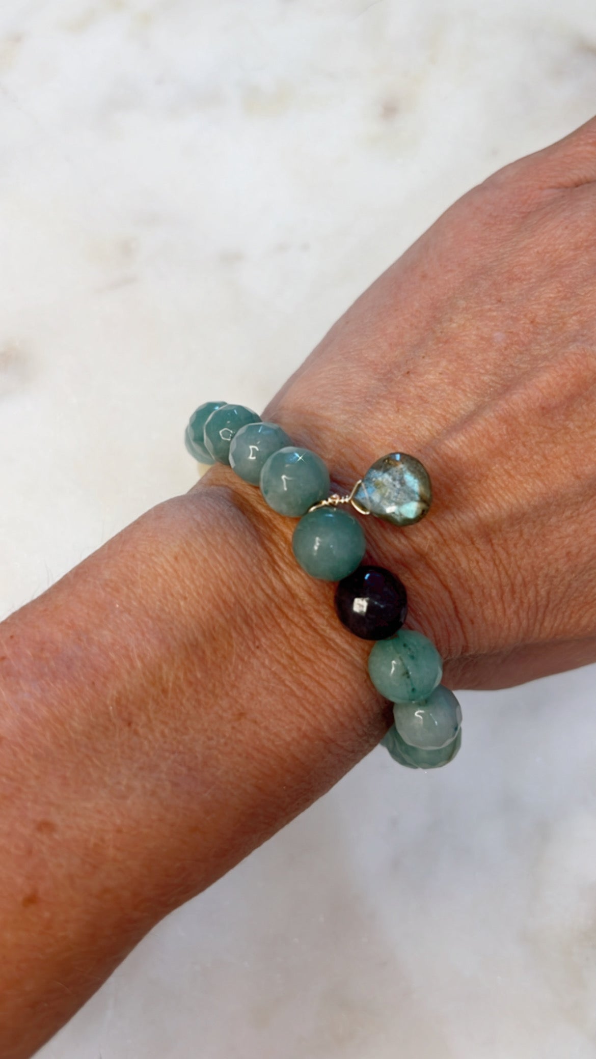 Moss Agate Bracelet with Labradorite in Gold