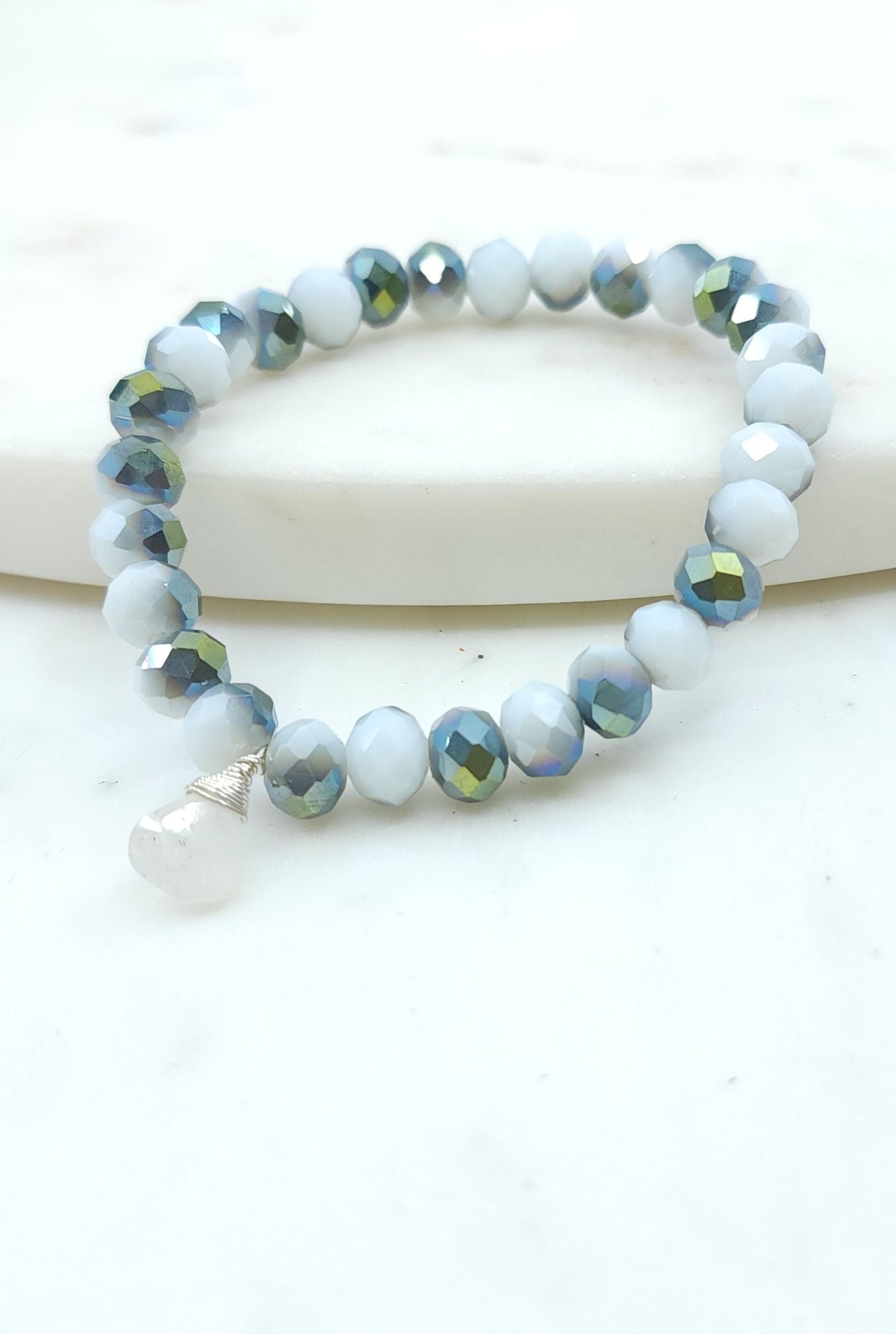 White and Blue Green Bracelet with Moonstone in Sterling Silver