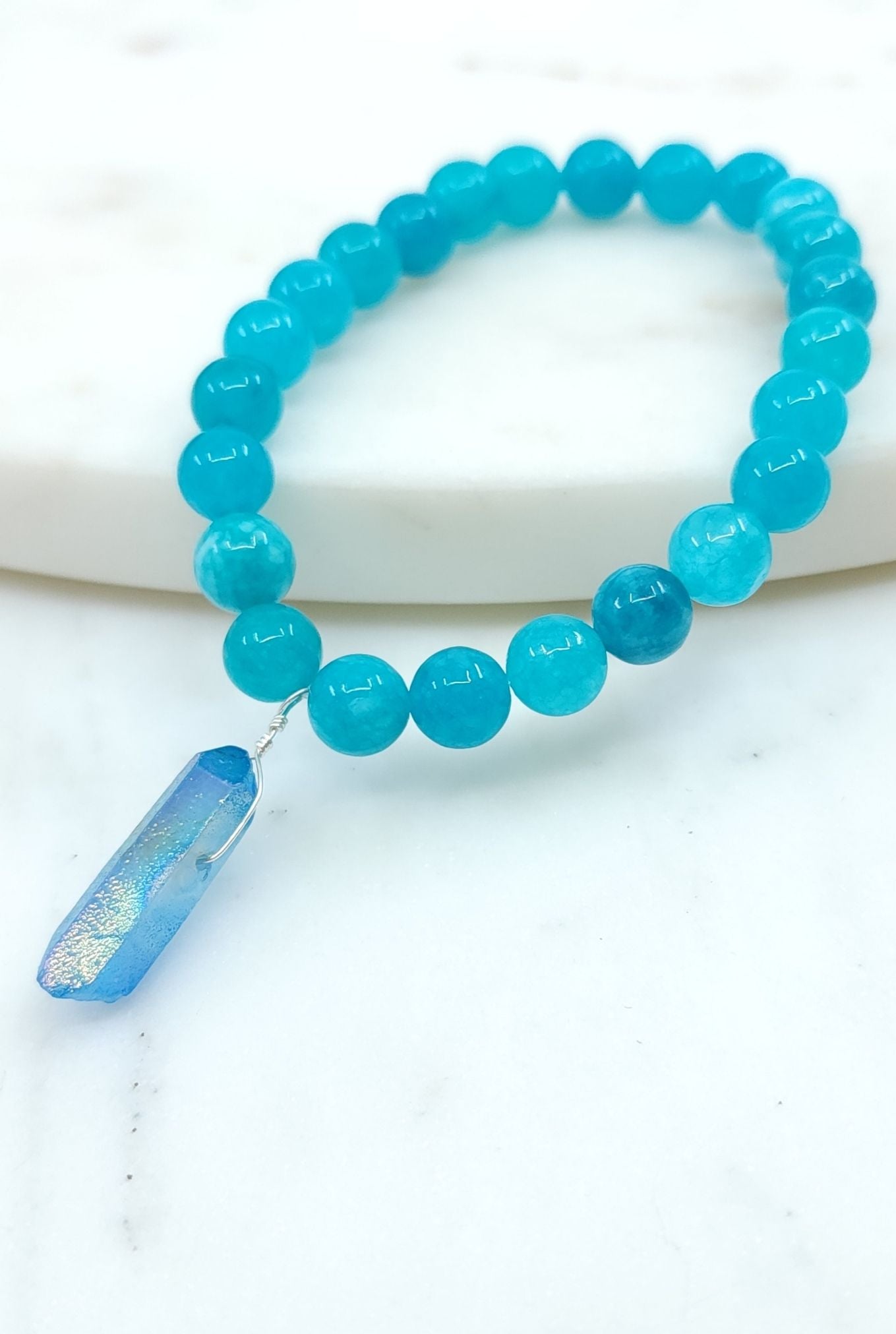 Teal Agate Bracelet with Blue Titanium Quartz Crystal