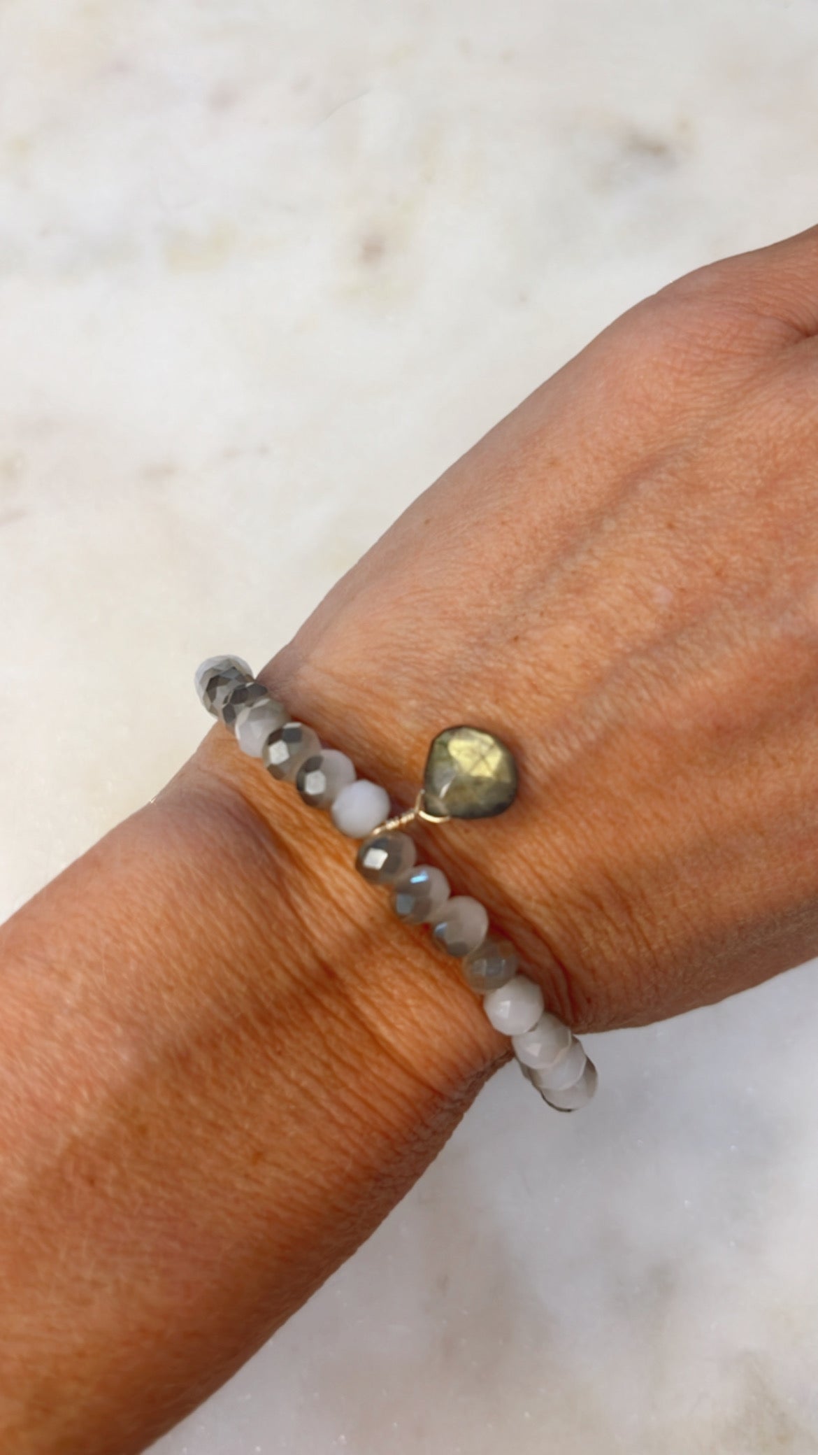 White and Taupe Crystal Bracelet with Labradorite in Gold