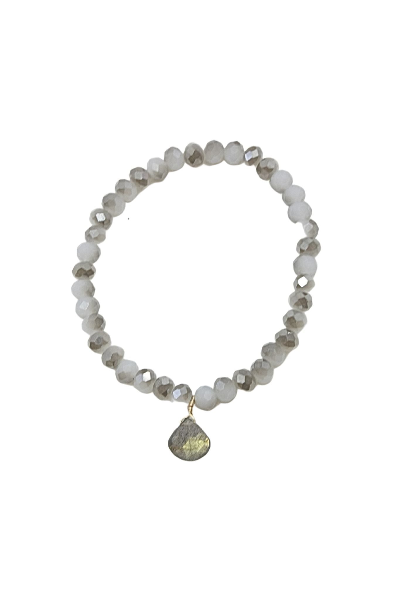 White and Taupe Crystal Bracelet with Labradorite in Gold