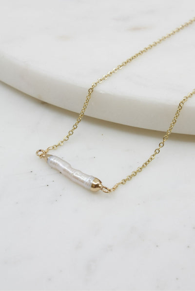 Baroque Bar Pearl Charm Necklace in Gold