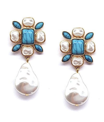 Turquoise and Pearl Flower Earrings