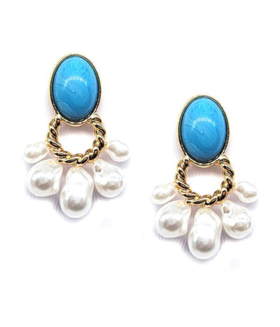 Round Turquoise Earrings with Pearl Accents