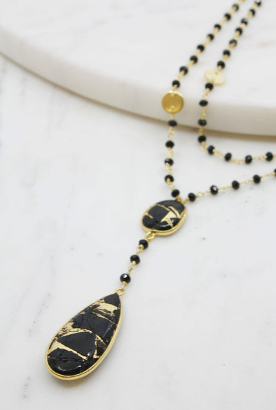 Double Diana Denmark Necklace in Black Onyx with Black Mojave Copper Turquoise Drop
