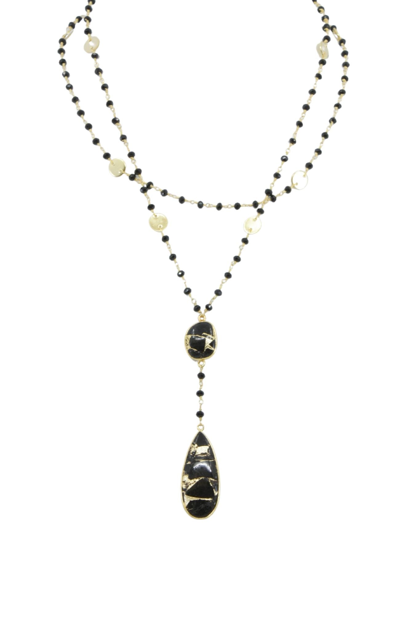 Double Diana Denmark Necklace in Black Onyx with Black Mojave Copper Turquoise Drop