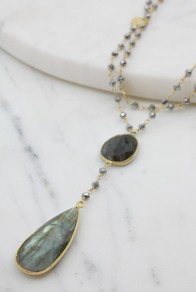 Double Diana Denmark Necklace in Polished Pyrite with Labradorite Drop