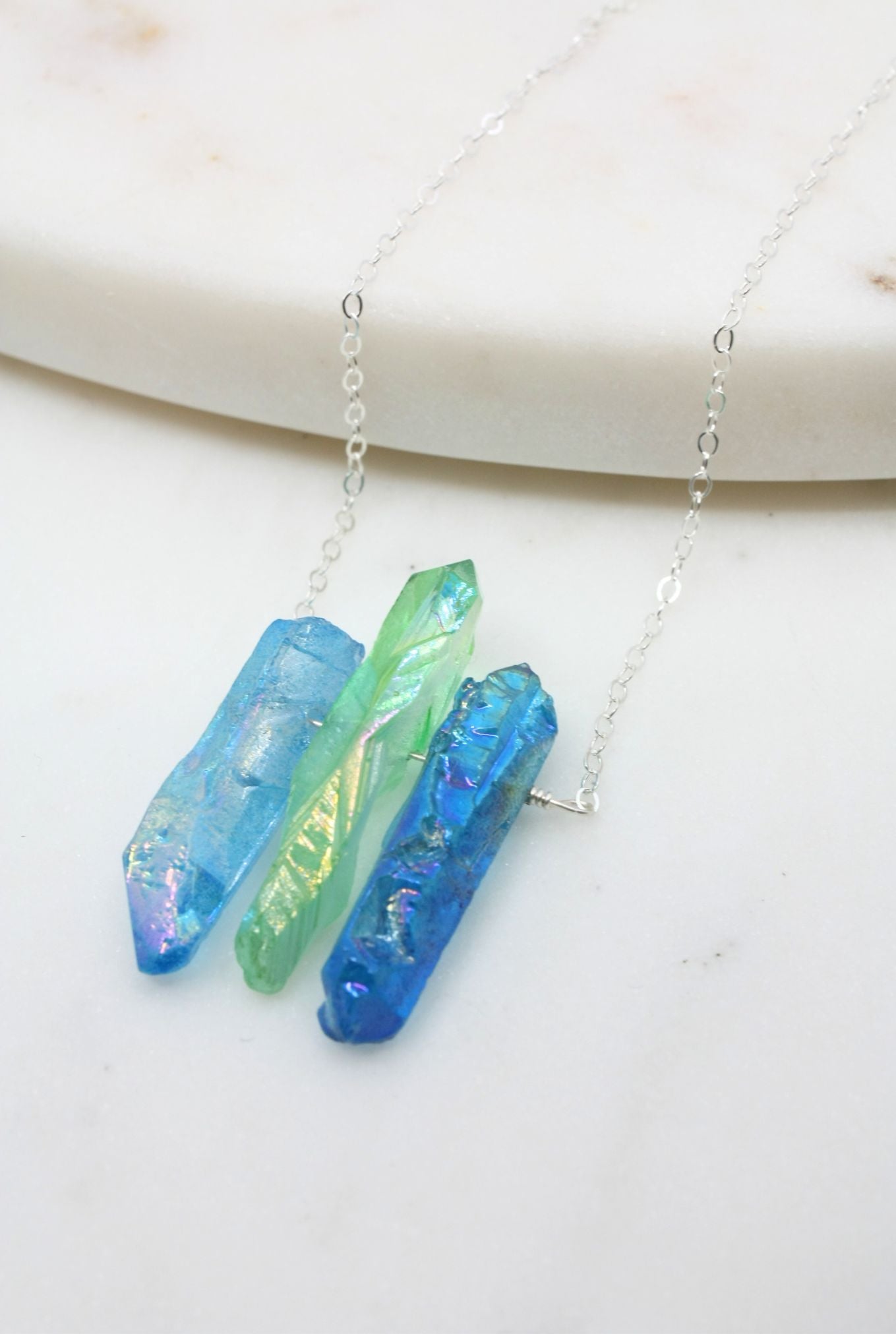 Necklace in Silver with Blue and Green Titanium Quartz