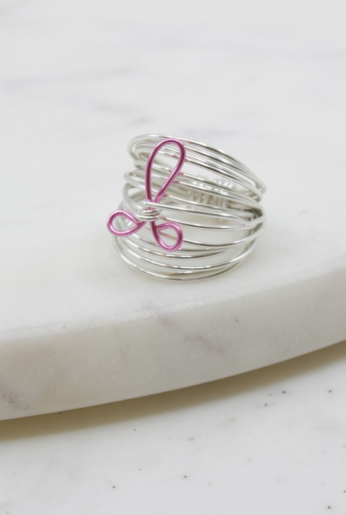 Marcia Silver Wire Wrap Ring with Breast Cancer Ribbon