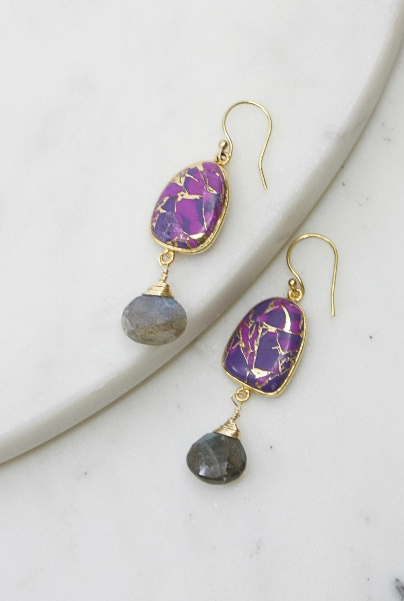 Victoria Earrings in Purple Turquoise Mojave and Labradorite in Gold