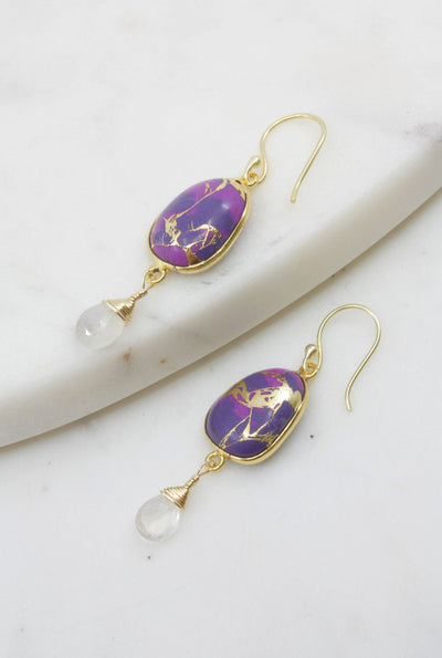 Victoria Earrings in Purple Turquoise Mojave and Moonstone in Gold