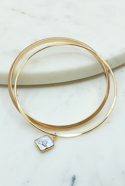 Gold Bangle Set with Pearl Accent-set of 2