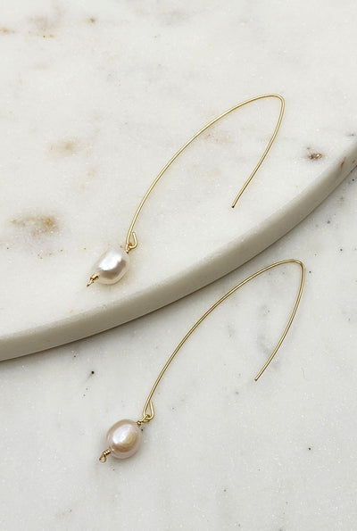 Long Drop Pearl Earrings in Gold