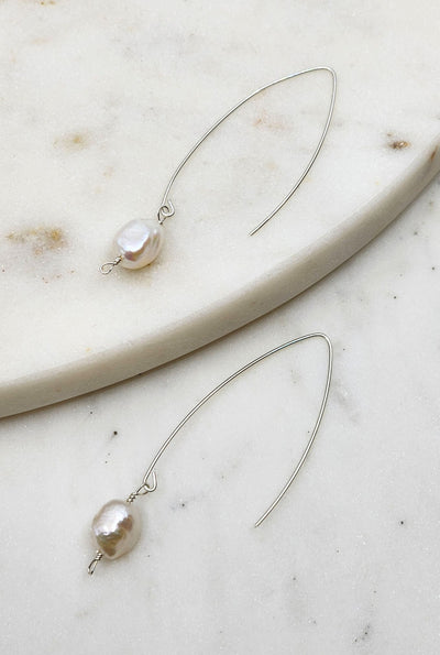 Long Drop Pearl Earrings in Silver