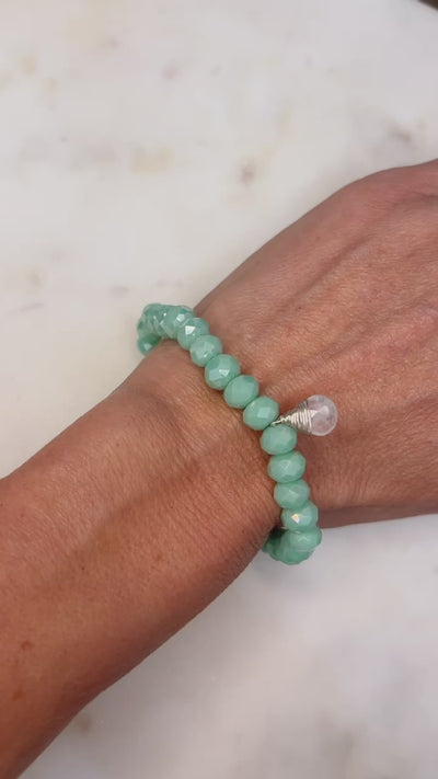 Sea Foam Green Crystal Stretch Bracelet with Moonstone Hand-Wrapped in Sterling Silver.