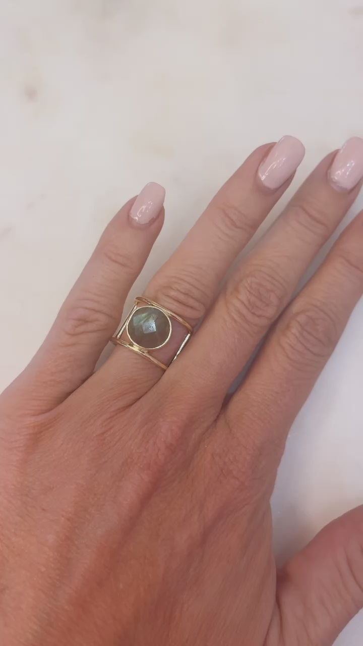 Labradorite Stone with Hollow Wide Band Ring