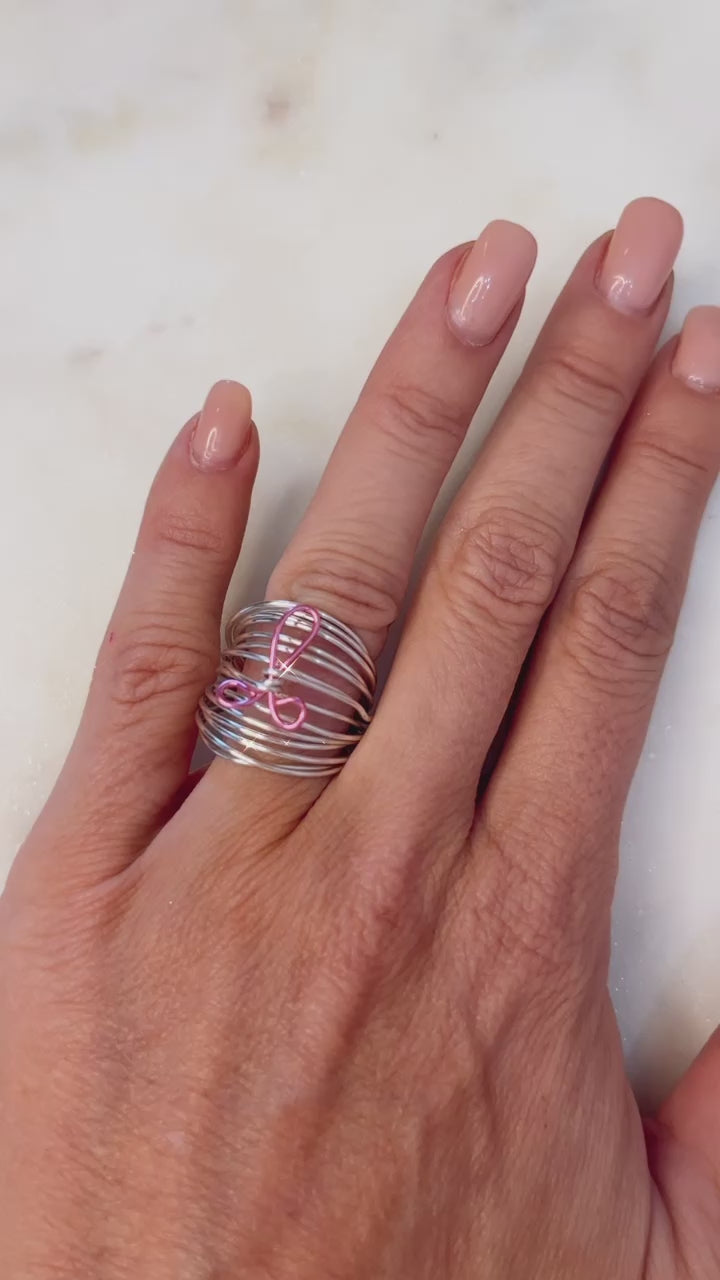 Marcia Silver Wire Wrap Ring with Breast Cancer Ribbon