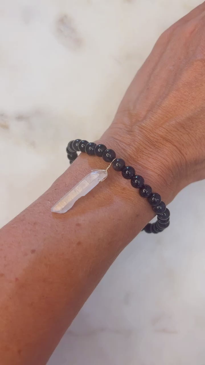 Midnight Blue Goldstone Bracelet with White Titanium Quartz in Gold