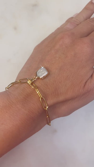 Gold Paperclip Chain Bracelet with Square Pearl