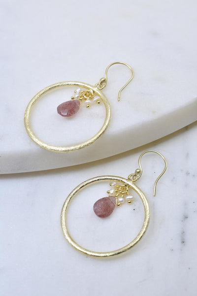 Gold Dangle Earrings with Gold Hoop, Pearl Bead and Cherry Quartz Drop