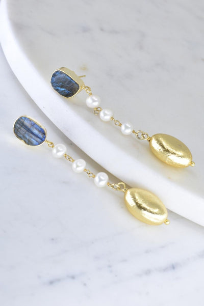 Labradorite Drop Earrings with Pearl and Gold Drops