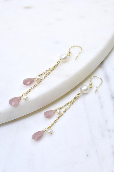 Gold Dangle Earrings with Gold Chain Strands with Cherry Quartz and Pearl Drops