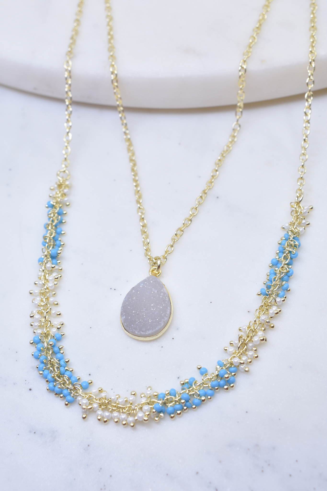 Gold Two-Strand Necklace with Turquoise and Pearl Beads and White Druzy Pendant