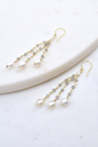 Gold Dangle Earrings with Pearl and Labradorite Beaded Drops