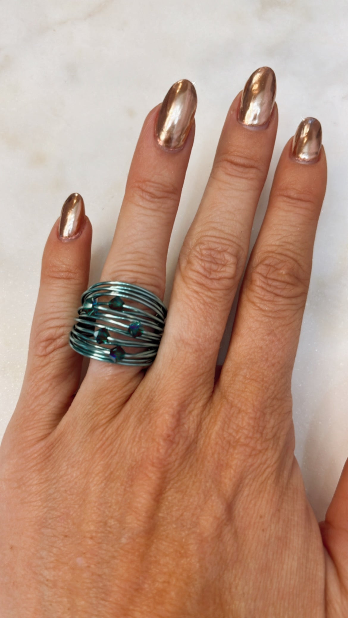 Marcia Light Blue Wire Wrap Ring with Forest Green Swarovski Crystals