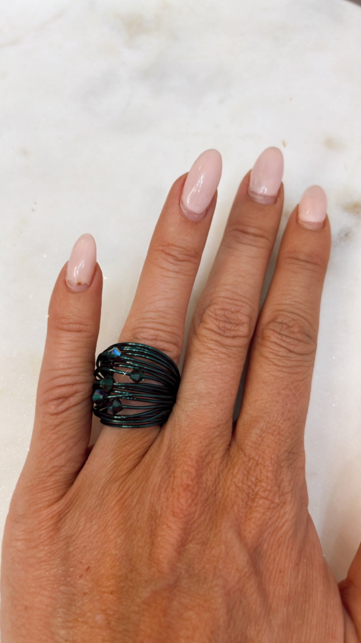 Marcia Green Wire Wrap Ring with Forest Green Swarovski Crystals
