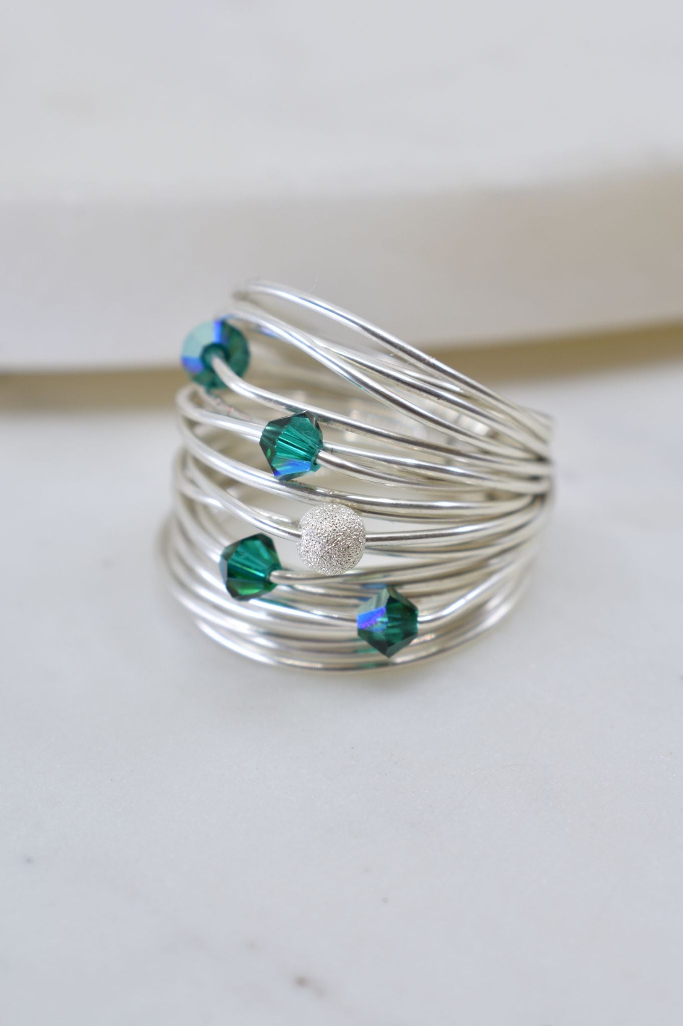 Marcia Wire Wrap Ring with Deep Green Swarovski Crystals
