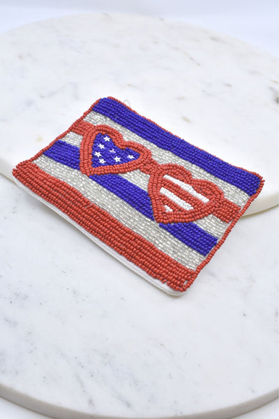 American Flag Beaded Pouch with Hearts